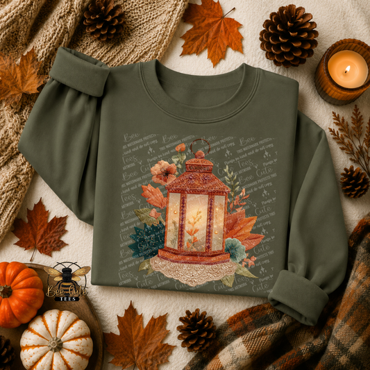 Folded olive green crewneck sweatshirt featuring a glowing vintage fall lantern surrounded by colorful autumn foliage and flowers. Cottage-style artwork with faux embroidered textures, warm orange and rust tones, and cream lace detailing. Styled with pumpkins, pinecones, fall leaves, and cozy knit blankets. Bee Cute Tees watermark visible.