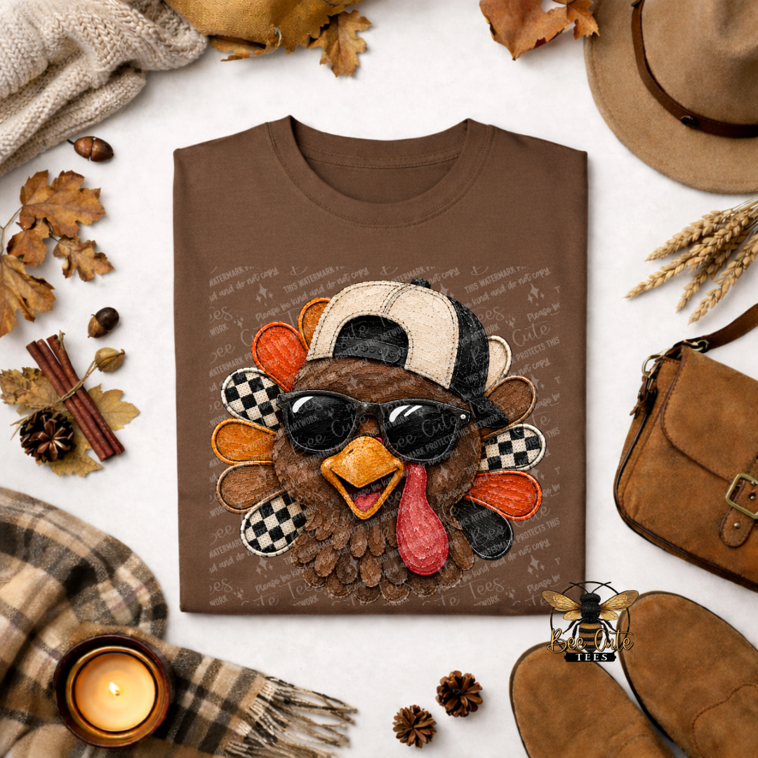 A brown short-sleeve T-shirt laid flat on a light surface, surrounded by autumn props including leaves, a hat, a bag, shoes, a candle, and a scarf. The shirt features a large embroidered turkey face graphic with a black-and-white cap, dark sunglasses, orange beak and wattle, and multicolored feathers.