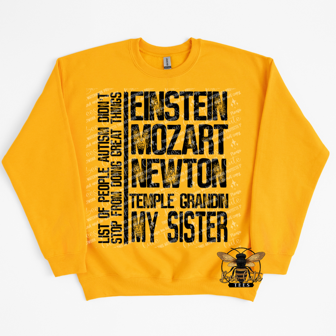 Yellow sweatshirt with black text and a bee logo on a white background