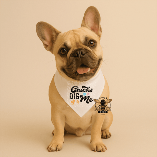 Dog wearing a bandana with text and a graphic on a beige background