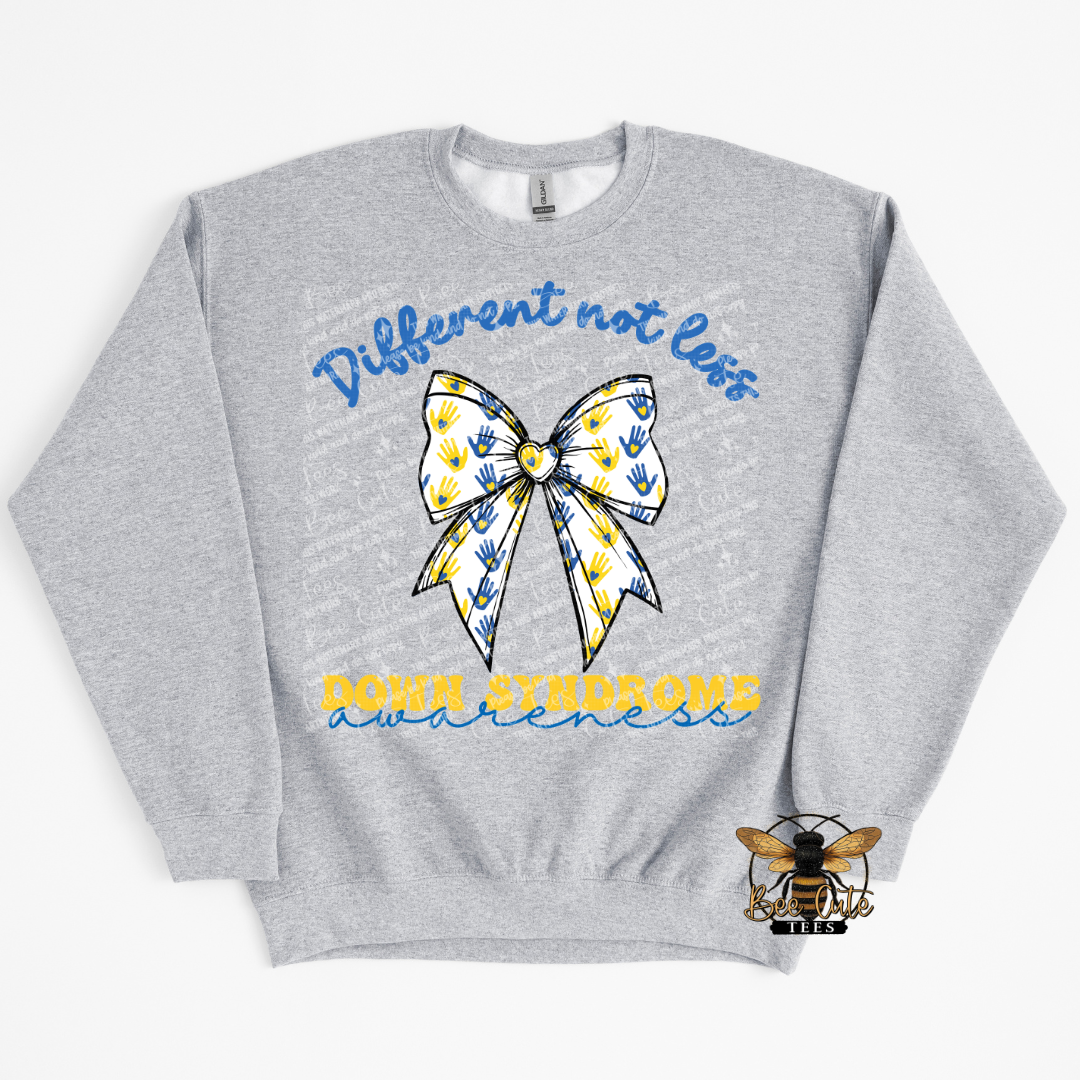 Gray sweatshirt with a bow design and text on a white background