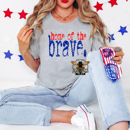 Person wearing a 'home of the brave' t-shirt with a decorative background.