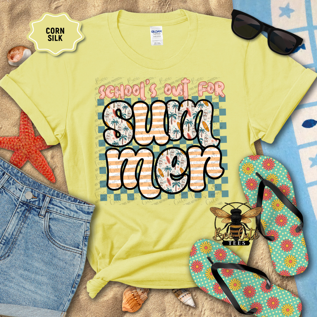 Yellow t-shirt with 'School's out for Summer' text, sunglasses, flip-flops, and denim shorts on a beach-themed background.