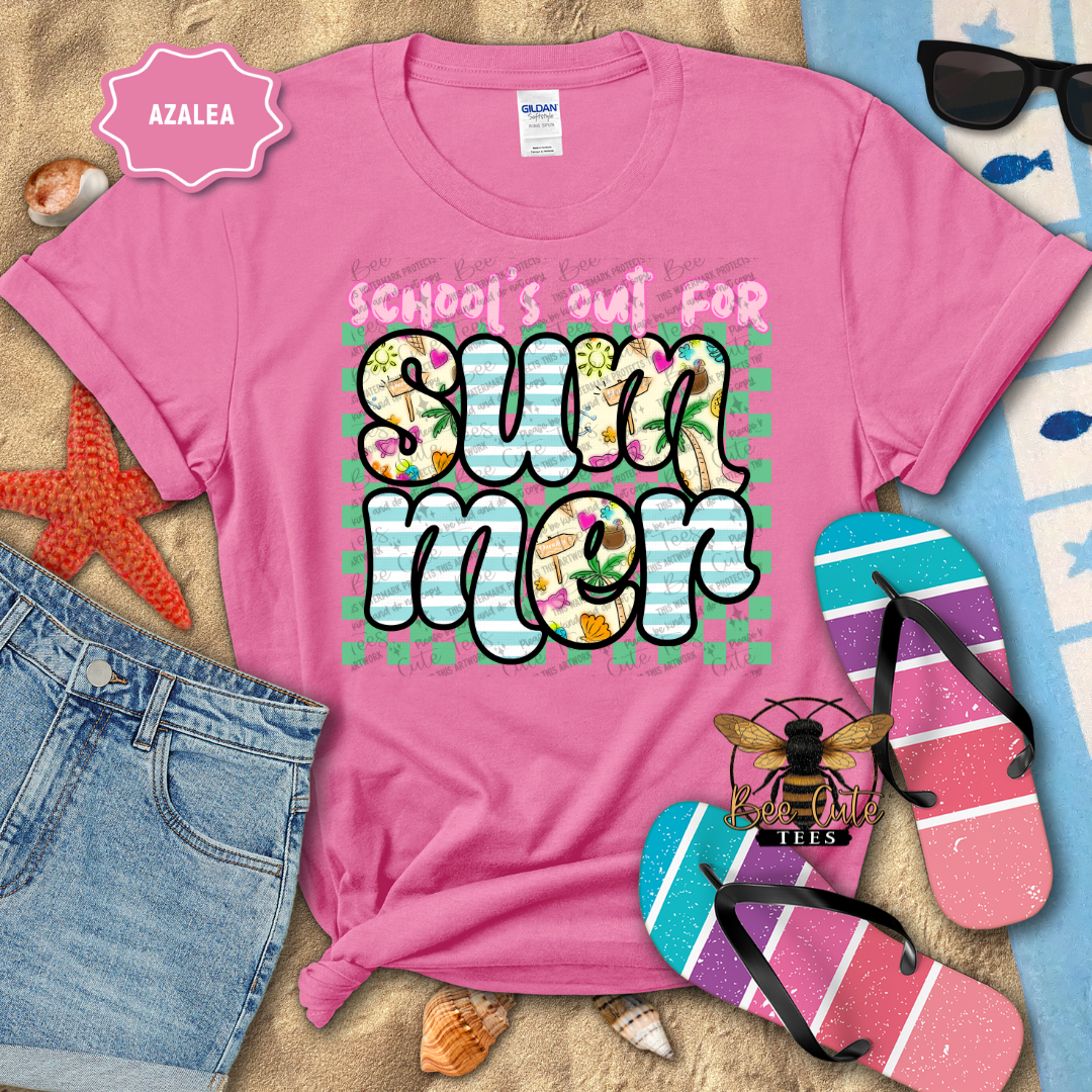 Pink t-shirt with 'School's out for Summer' design on a beach-themed background