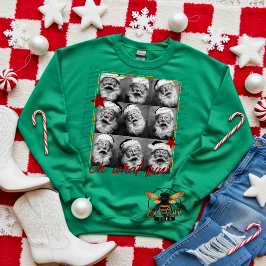 Green sweatshirt with Santa Claus design on a festive background with candy canes and snowflakes.