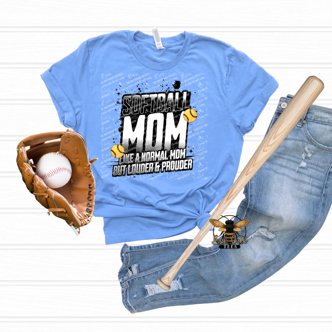 Blue t-shirt with 'Softball Mom' text, baseball glove, bat, and jeans on a white background
