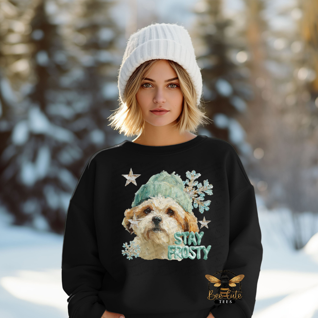 Person wearing a black sweatshirt with a dog graphic and 'Stay Frosty' text in a snowy landscape.