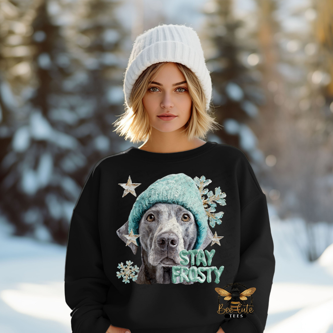 Person wearing a black sweater with a dog graphic and 'Stay Frosty' text in a snowy landscape.