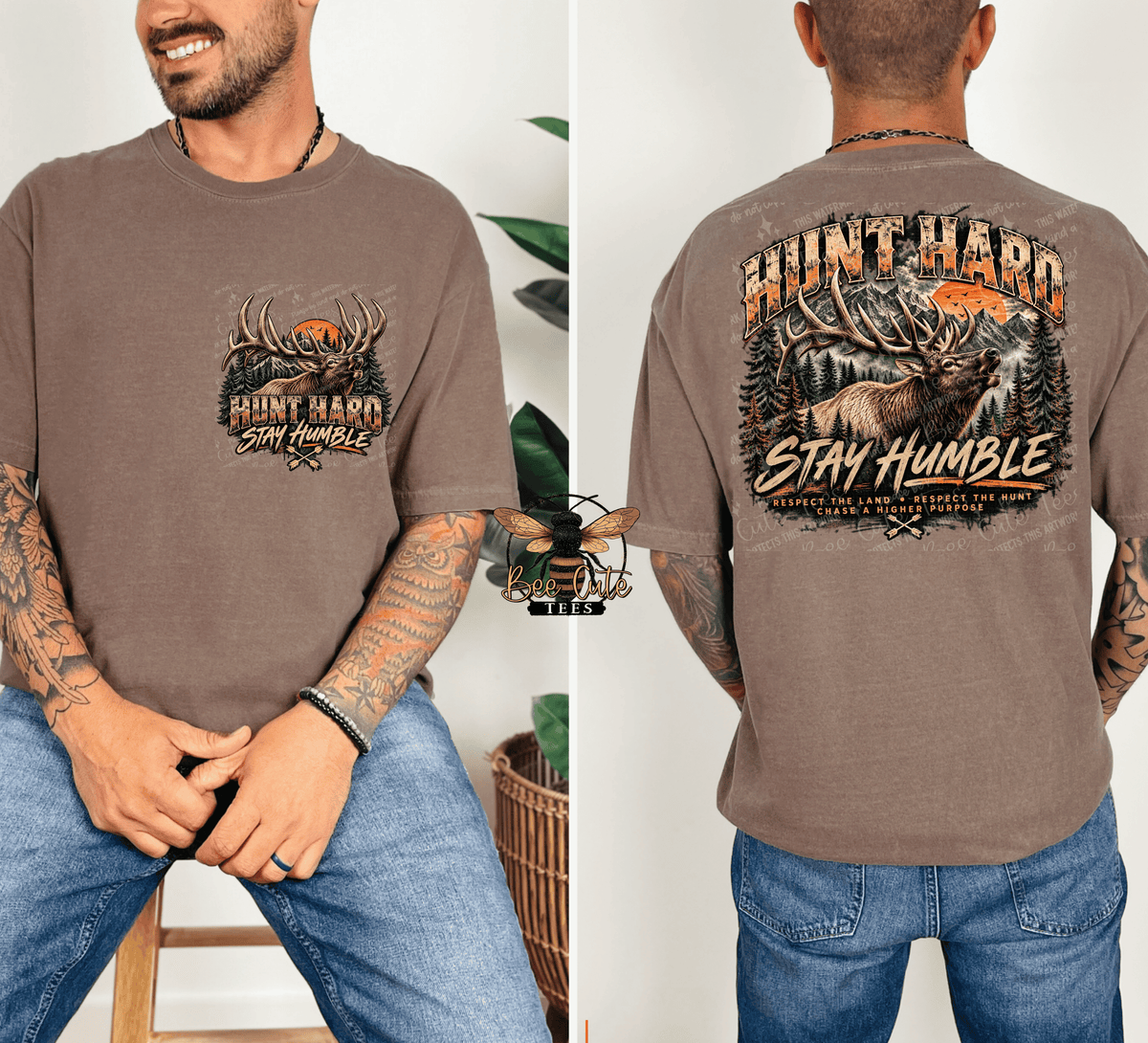 A man modeling a brown short-sleeve graphic T-shirt shown in front and back views. The shirt features a large deer and antler graphic with the text 'HUNT HARD STAY HUMBLE' in distressed orange, black, and white tones.