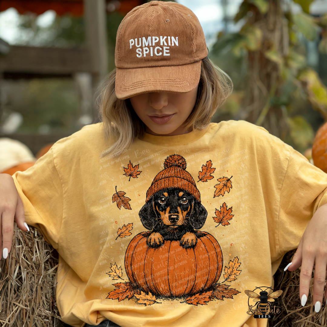A woman wearing a tan 'Pumpkin Spice' baseball cap and a yellow graphic t-shirt featuring a dachshund in a knit hat sitting on a pumpkin, posed on a hay bale at an outdoor autumn setting.
