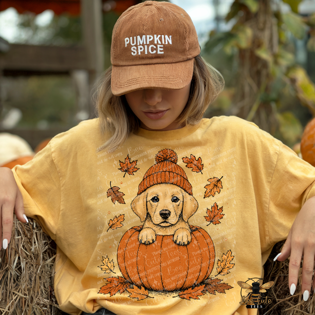 A woman wearing a tan baseball cap that says 'PUMPKIN SPICE' and a yellow graphic t-shirt featuring a puppy in a knit hat sitting on a pumpkin, posed on hay in an outdoor autumn setting.