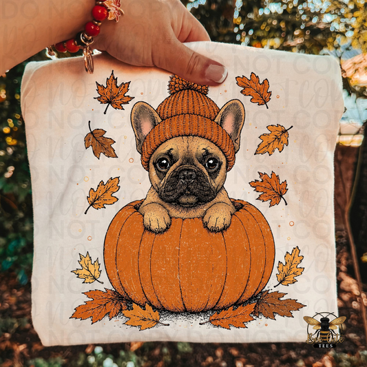 A hand holds a folded beige t-shirt, printed with an illustration of a French bulldog sitting in a pumpkin and surrounded by autumn leaves. The background is a blurred outdoor scene with trees and sunlight.