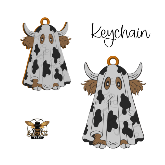 A cartoon cow keychain charm shown on a white background, with two views of the same design, the word 'Keychain' in script, and a small bee logo reading 'BEE CUTE TEES' at bottom left.