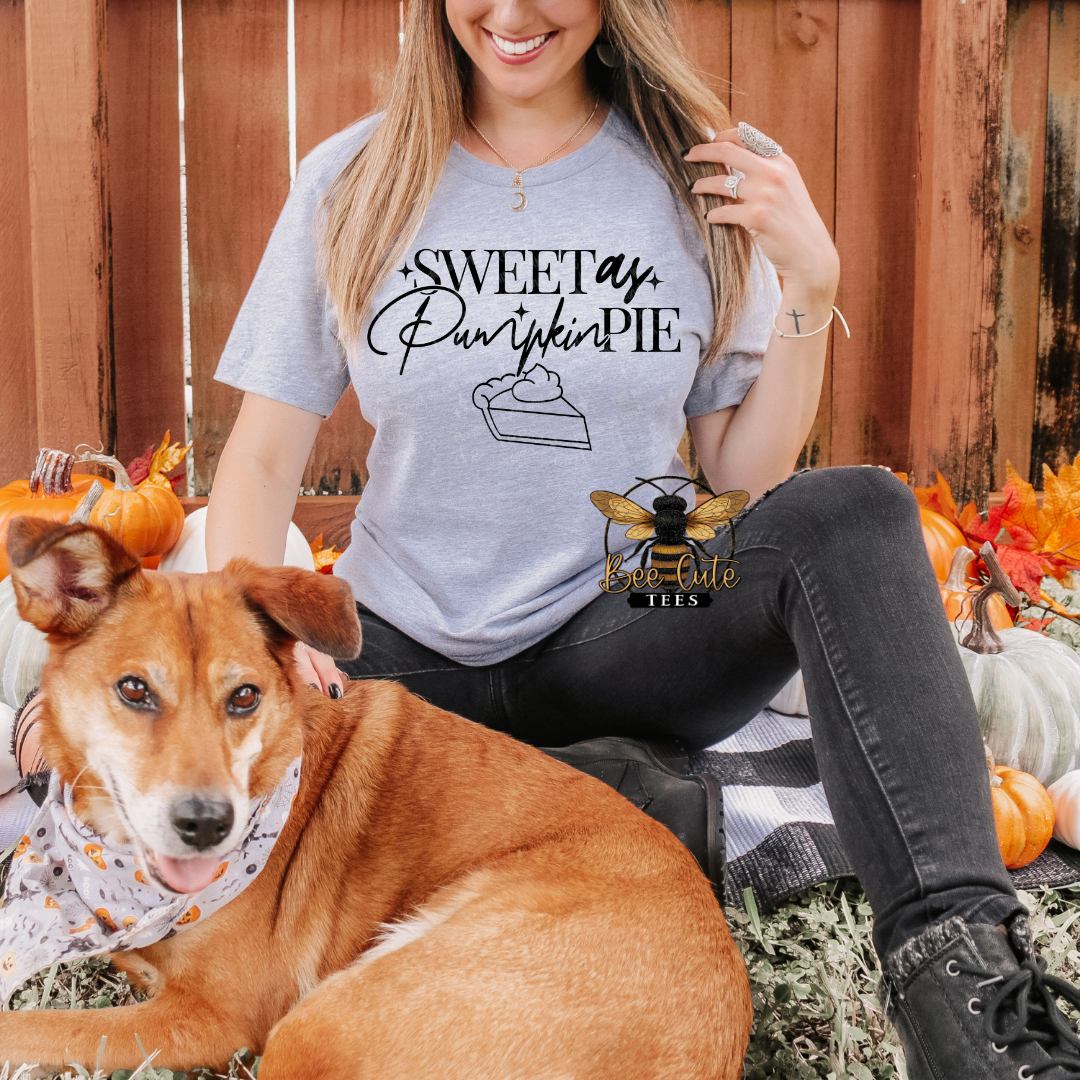 A woman wearing a light gray graphic t-shirt that reads 'Sweet as Pumpkin Pie' with a slice of pie illustration, sitting outdoors next to a brown dog on a fall-themed background with pumpkins and autumn leaves.