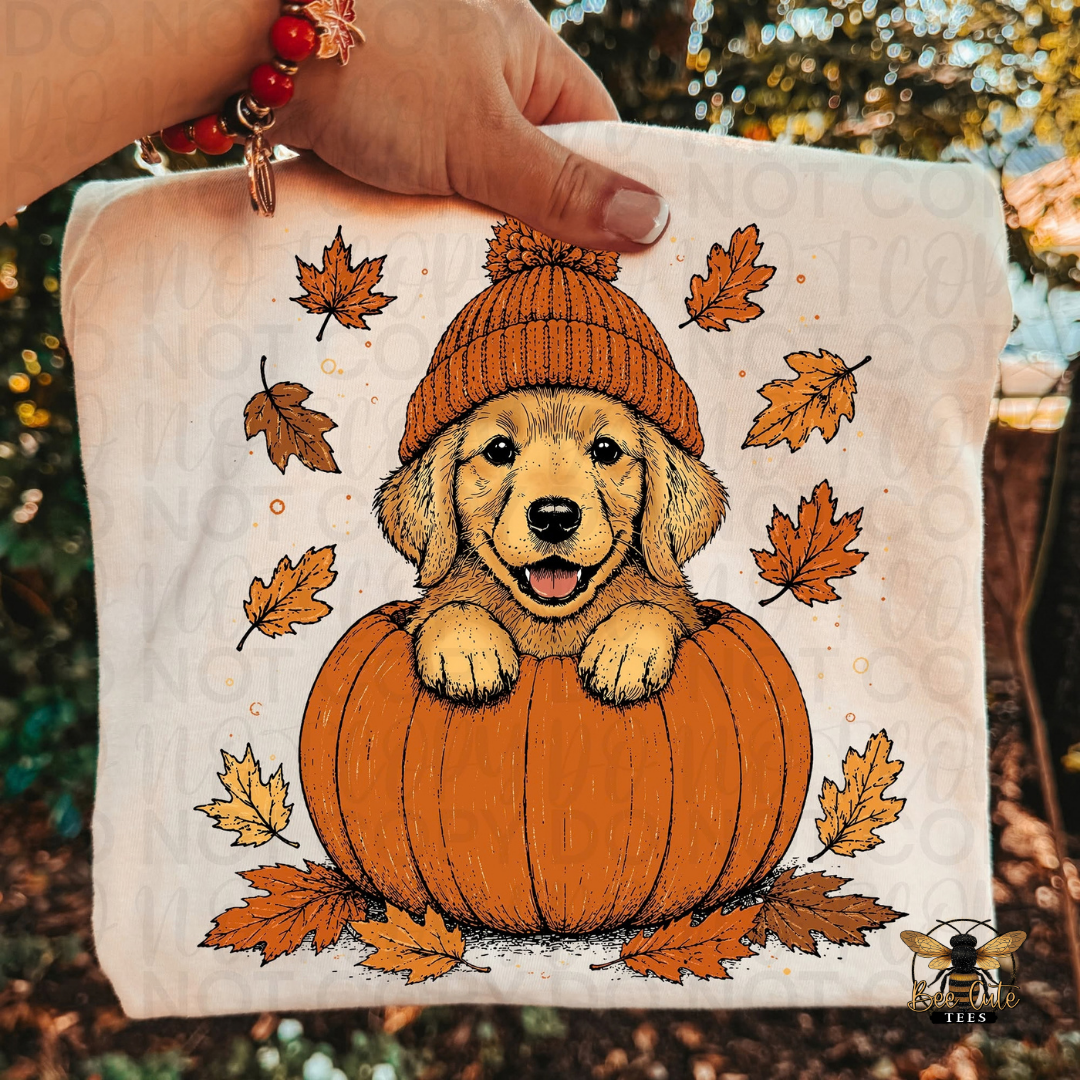 A hand holds a folded t-shirt, printed with an autumn puppy design. The illustration shows a golden retriever puppy wearing an orange knit hat sitting on an orange pumpkin, surrounded by scattered orange and brown leaves.