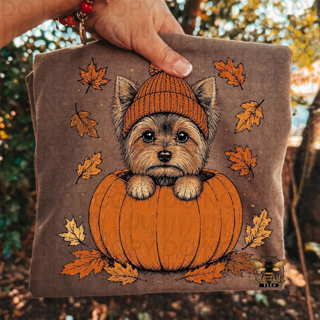 A hand holds a brown folded t-shirt, printed with a cute illustration of a small dog sitting in a pumpkin and surrounded by autumn leaves. The background is a blurred outdoor setting with trees and foliage.