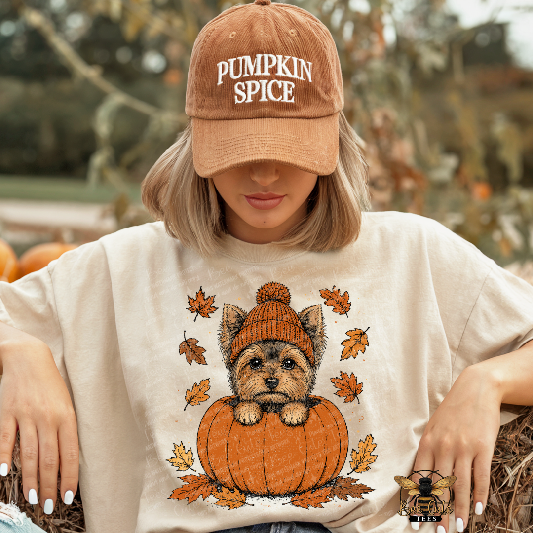 A woman wearing a tan baseball cap that says 'PUMPKIN SPICE' and a cream-colored graphic t-shirt featuring a small dog in an orange pumpkin with autumn leaves. She is posed outdoors in a pumpkin patch setting.