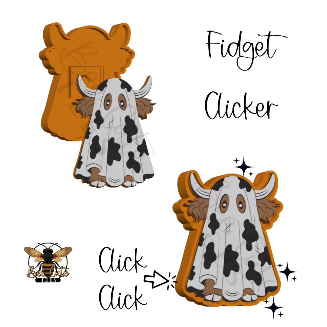 A product listing graphic for a 'Fidget Clicker' featuring a cartoon cow in a ghost costume. The graphic shows the product in two states: one with a solid orange backing and one with a gold glittery backing, accompanied by text reading 'Fidget Clicker', 'Click Click', and a bee logo for 'Bee Cute Tees'.