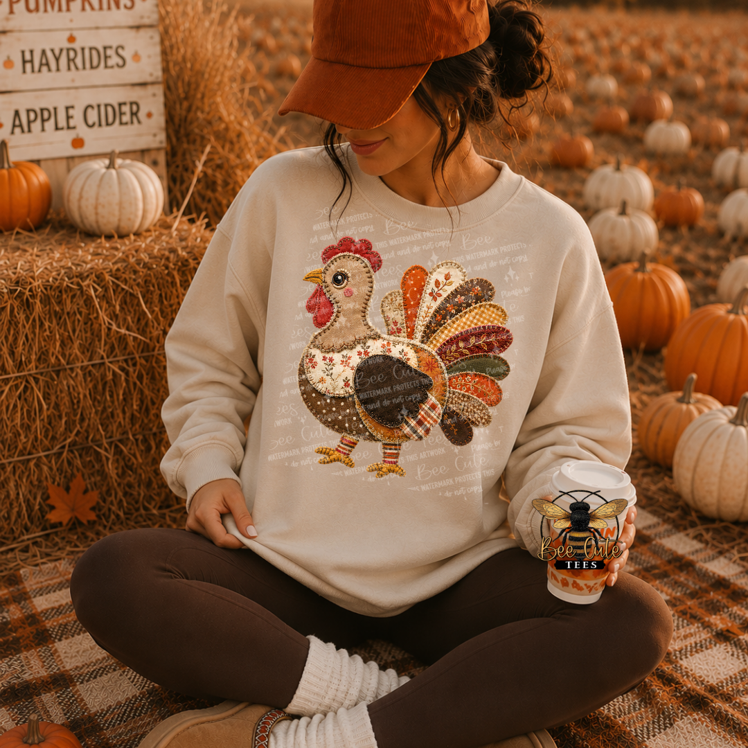A woman sits cross-legged on a plaid blanket in a pumpkin patch setting, wearing a cream sweatshirt with a large applique turkey graphic and a rust-colored cap, holding a coffee cup.
