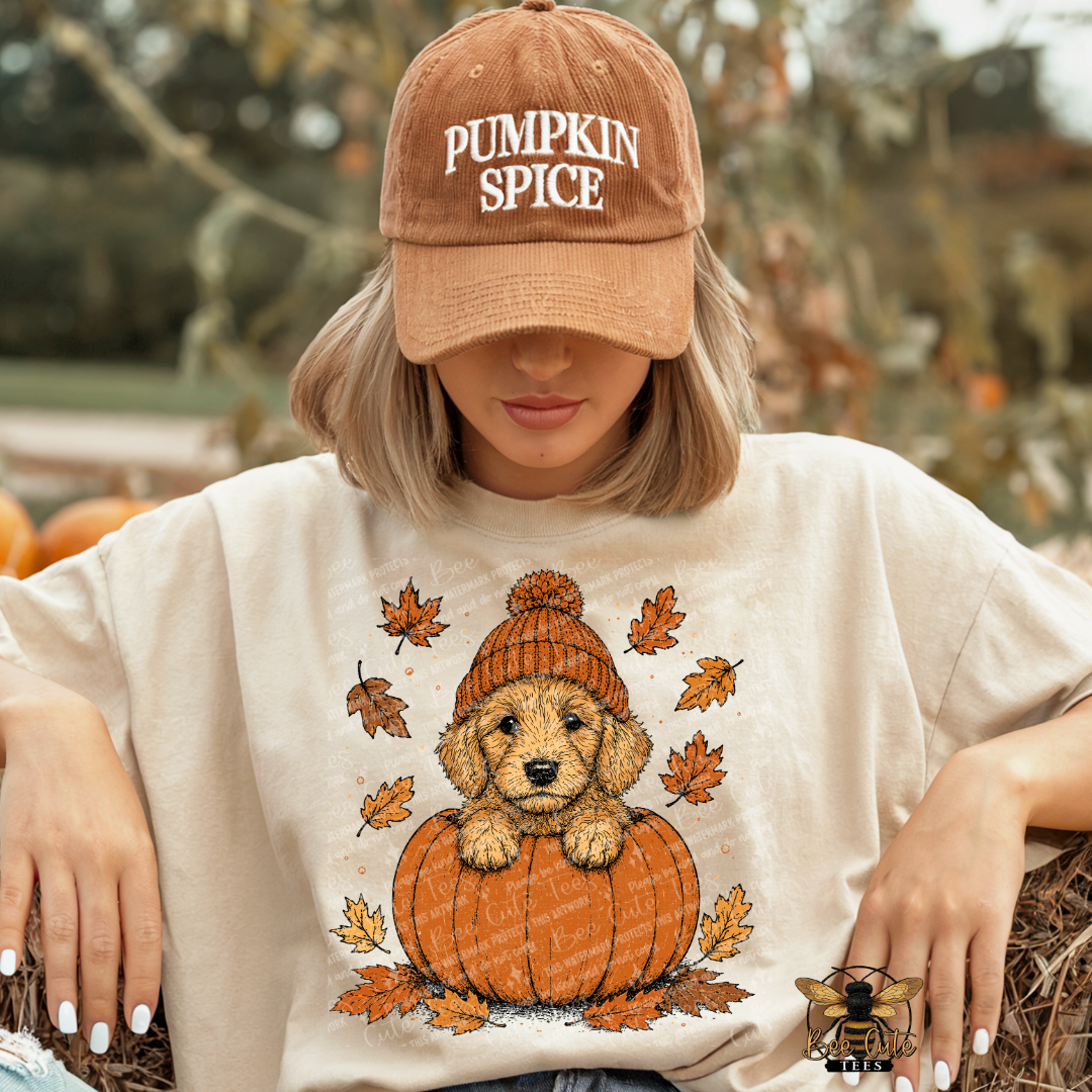 A woman wearing a beige graphic t-shirt with a puppy on a pumpkin design, a brown baseball cap that says 'PUMPKIN SPICE', and posing outdoors in a fall-themed setting.