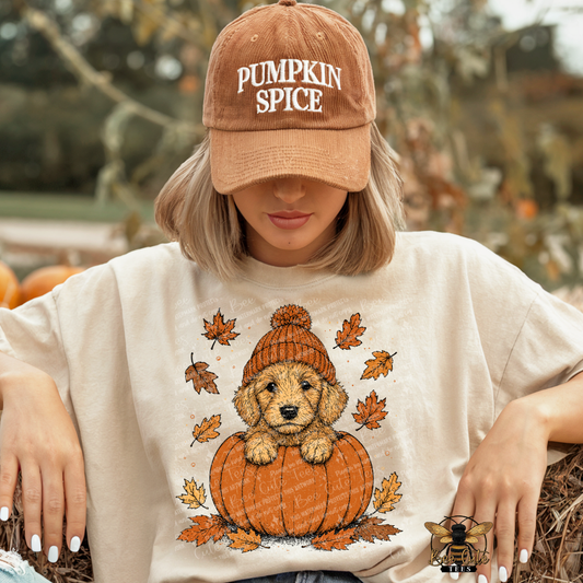 A woman wearing a beige graphic t-shirt with a puppy on a pumpkin design, a brown baseball cap that says 'PUMPKIN SPICE', and posing outdoors in a fall-themed setting.