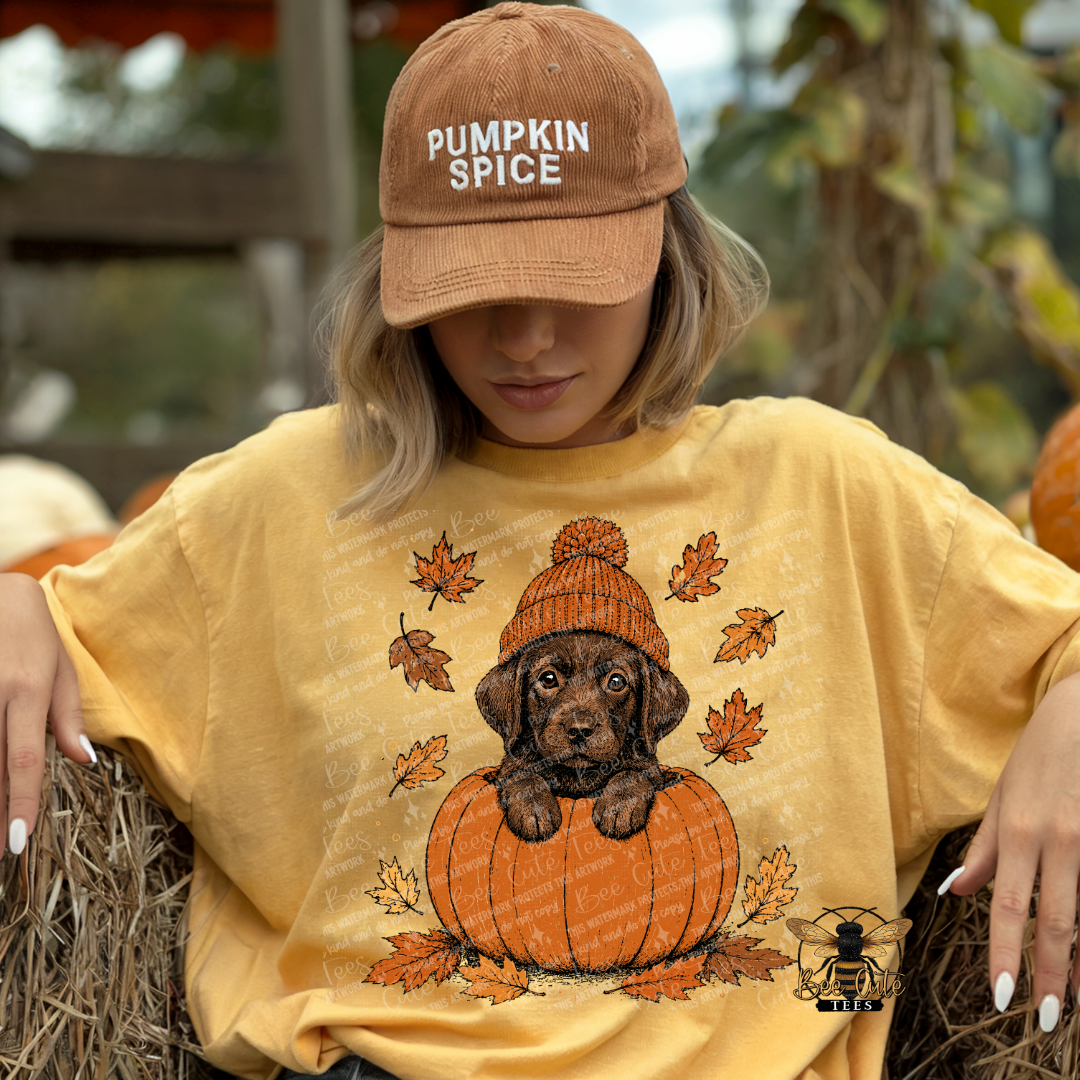 A woman wearing a tan 'Pumpkin Spice' baseball cap and a yellow graphic t-shirt with a puppy and pumpkin design, sitting on a hay bale at an outdoor autumn-themed location.