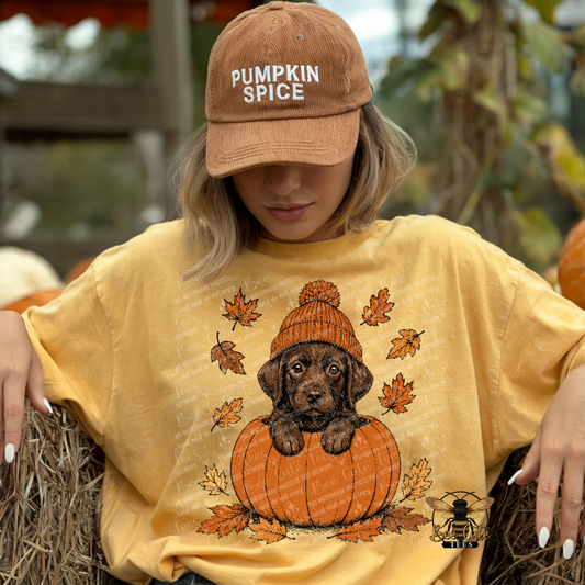 A woman wearing a tan 'Pumpkin Spice' baseball cap and a yellow graphic t-shirt with a puppy and pumpkin design, sitting on a hay bale at an outdoor autumn-themed location.