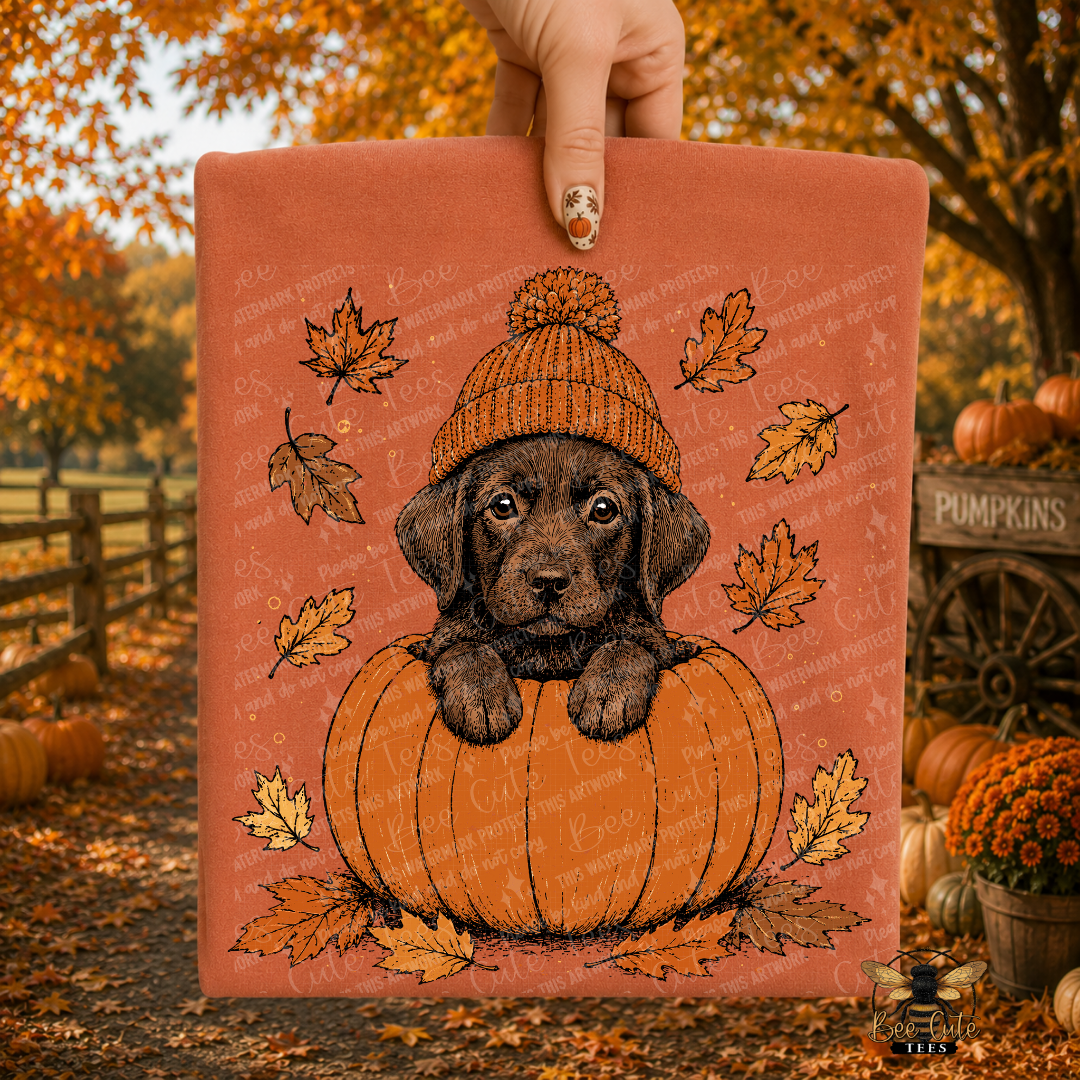 A hand holds a folded orange t-shirt featuring a black puppy wearing an orange knit hat sitting on a pumpkin, surrounded by autumn leaves, against an outdoor fall yard background with pumpkins and orange foliage.