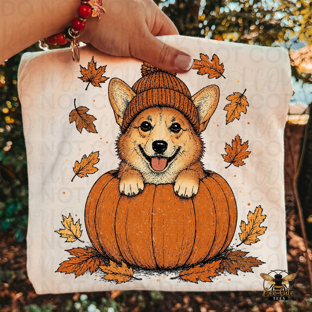 A hand holds a white folded t-shirt featuring a printed illustration of a corgi dog sitting in an orange pumpkin, wearing a brown knit beanie, surrounded by autumn leaves. The background is a blurred outdoor scene with warm sunlight and foliage.