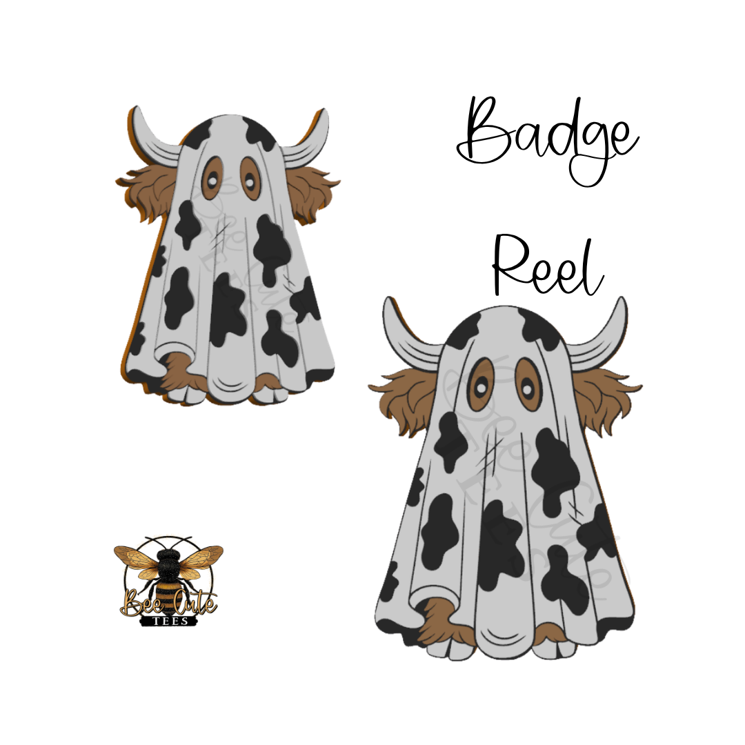 Two cartoon ghost-like badges with horns and brown wings, shown on a white background with the words 'Badge Reel' and a small bee logo reading 'BEE CUTE TEES'.