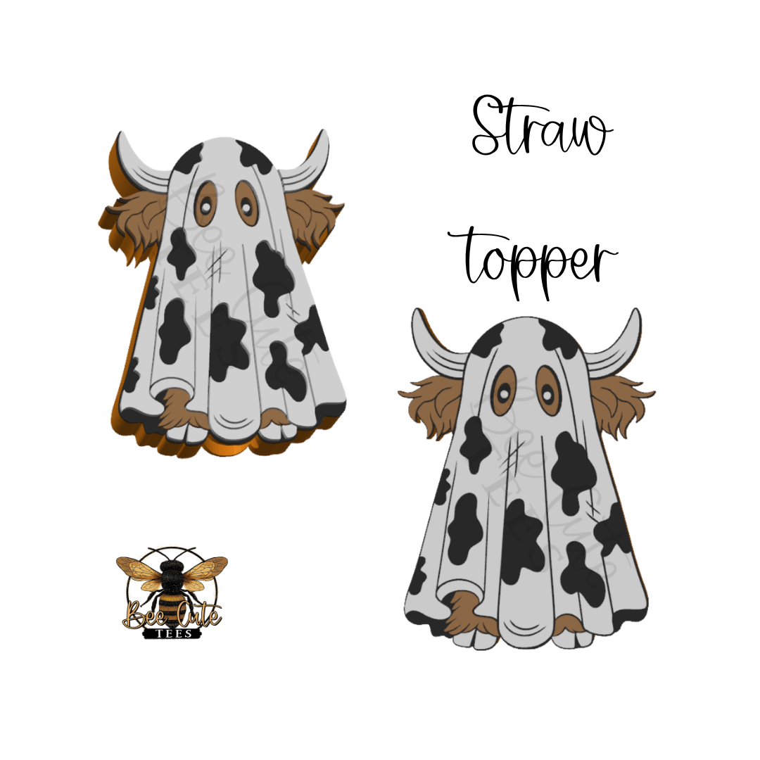 Digital graphic design of a cow-themed ghost topper, shown in two views (front and side profile) with a small bee logo reading 'BEE CUTE TEES' in the bottom-left corner, all on a solid white background.