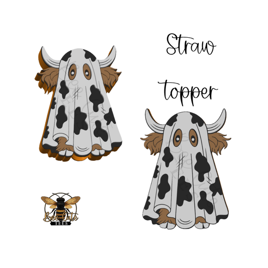 Digital graphic design of a cow-themed ghost topper, shown in two views (front and side profile) with a small bee logo reading 'BEE CUTE TEES' in the bottom-left corner, all on a solid white background.