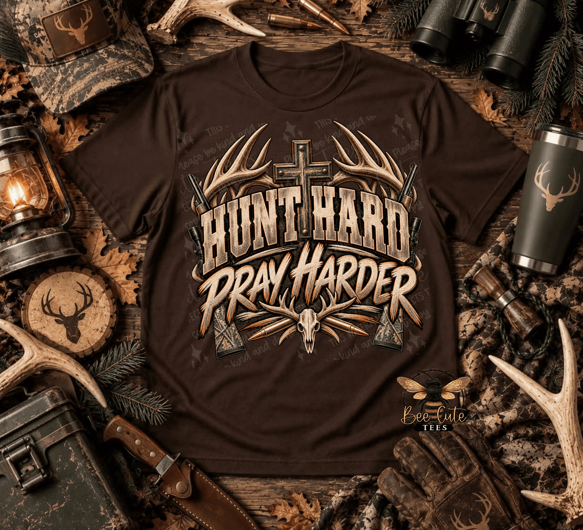 A dark brown graphic t-shirt featuring the text 'HUNT HARD PRAY HARDER' in a distressed western-style font, surrounded by hunting-themed props like antlers, a lantern, binoculars, and a camouflage hat on a rustic wood background.
