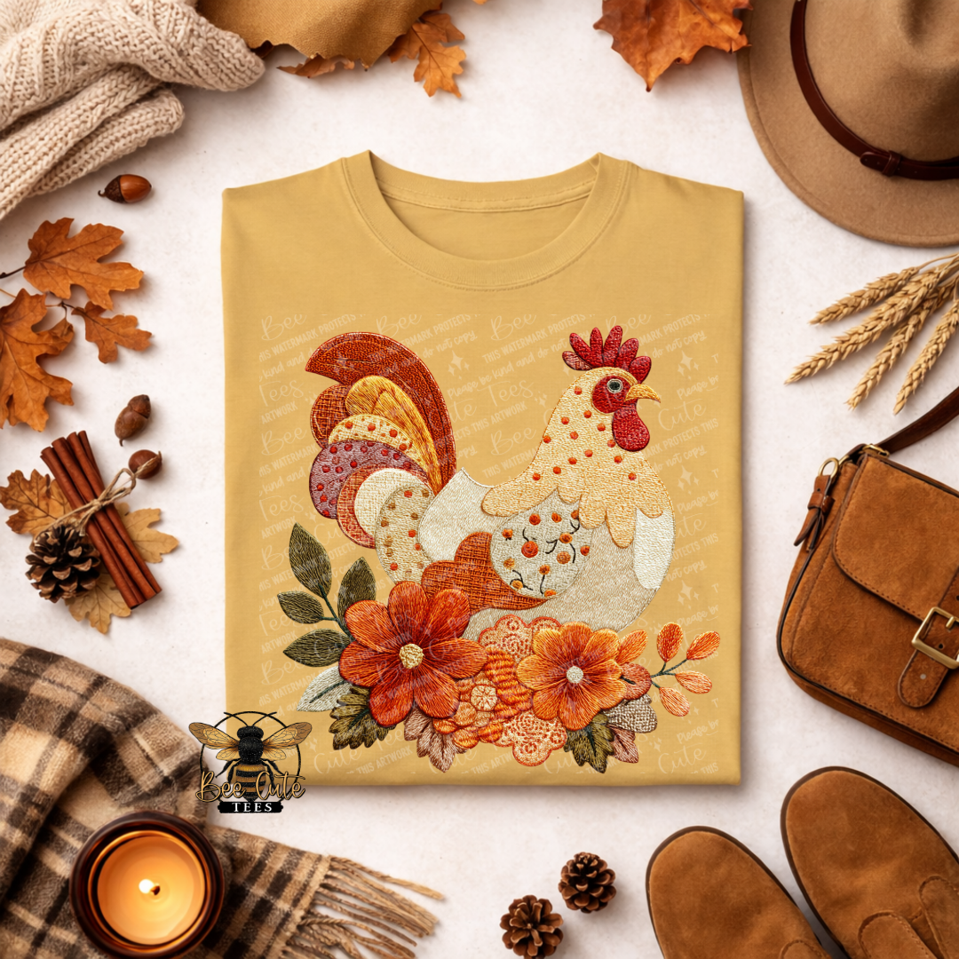 A mustard yellow graphic T-shirt laid flat on a light surface, surrounded by autumn-themed props including leaves, a hat, a bag, shoes, a candle, and a scarf. The shirt features a large embroidered-style rooster and floral design in warm orange, red, cream, green, and brown tones.