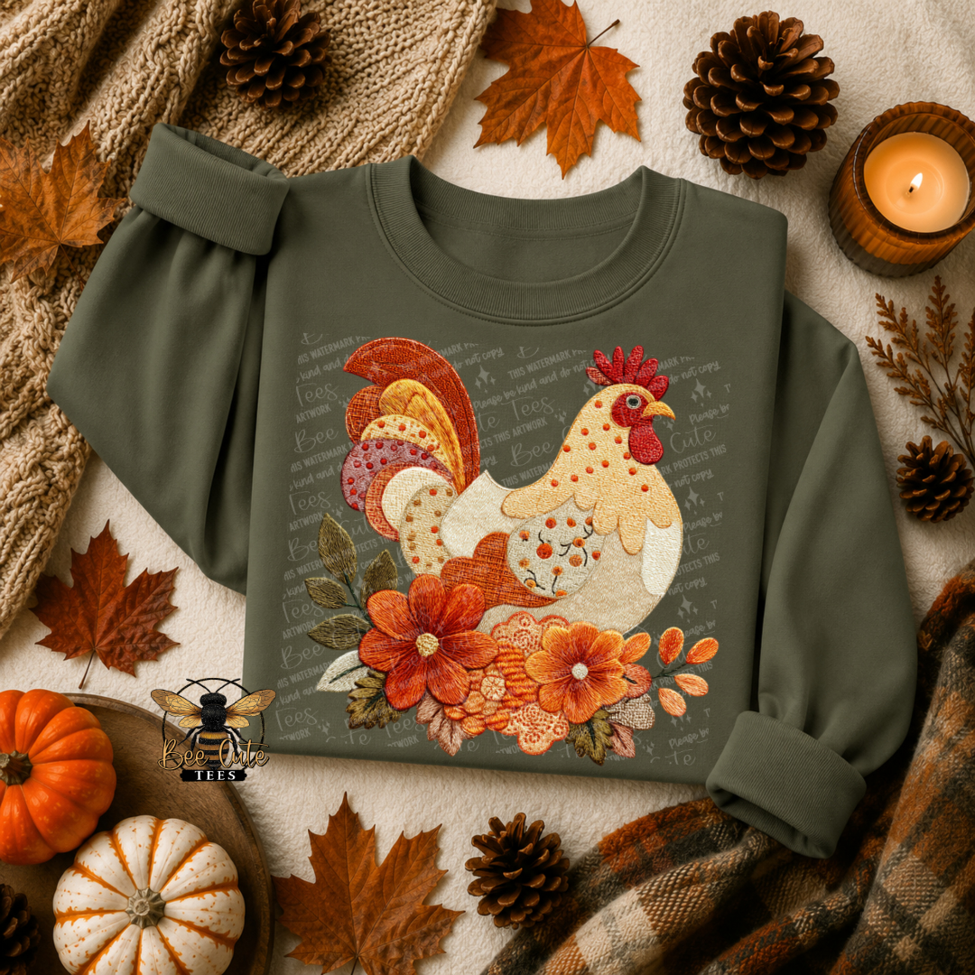 An olive green long-sleeve t-shirt with a large autumn-themed rooster and floral applique graphic on the front, styled in a cozy flat-lay with fall leaves, pumpkins, pinecones, a candle, and a knit blanket.