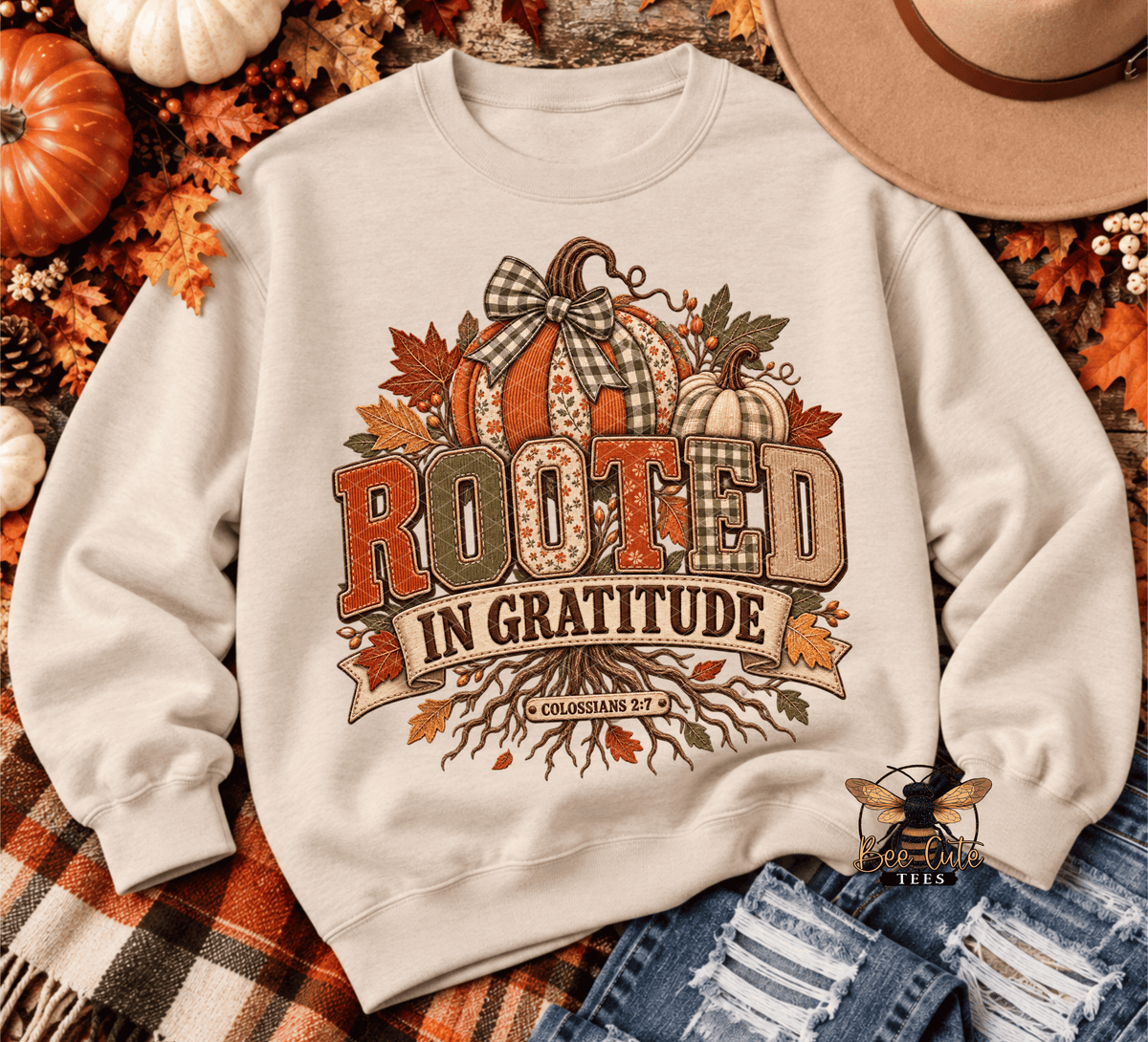 A cream-colored crewneck sweatshirt featuring a fall-themed graphic with pumpkins, autumn leaves, roots, and the text 'ROOTED IN GRATITUDE'. The sweatshirt is styled in a flat-lay arrangement with a plaid blanket, ripped blue jeans, a cowboy hat, and small pumpkins.