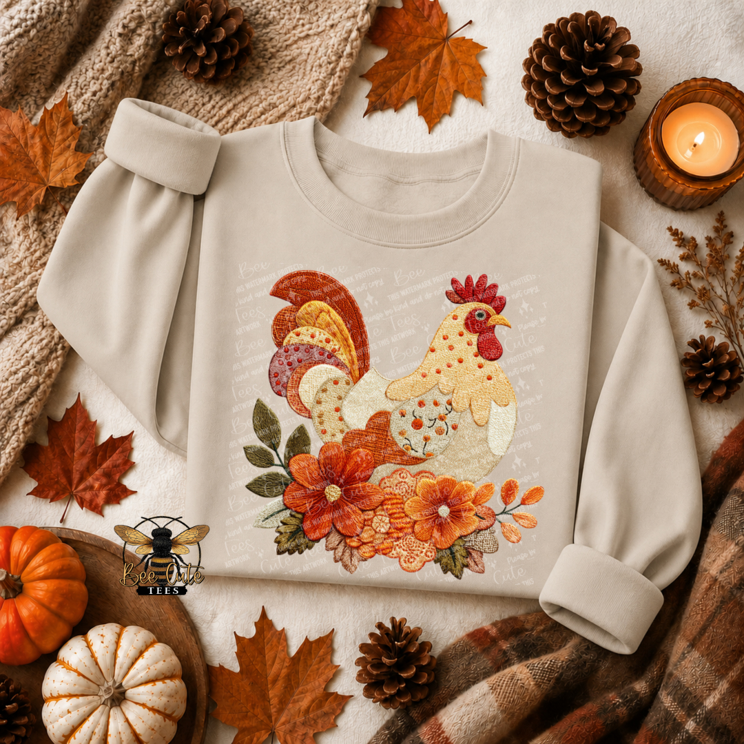 A light beige crewneck sweatshirt with a colorful autumn-themed graphic of a rooster, flowers, and a fox, styled in a cozy flat-lay with fall leaves, pinecones, a candle, and a small pumpkin.