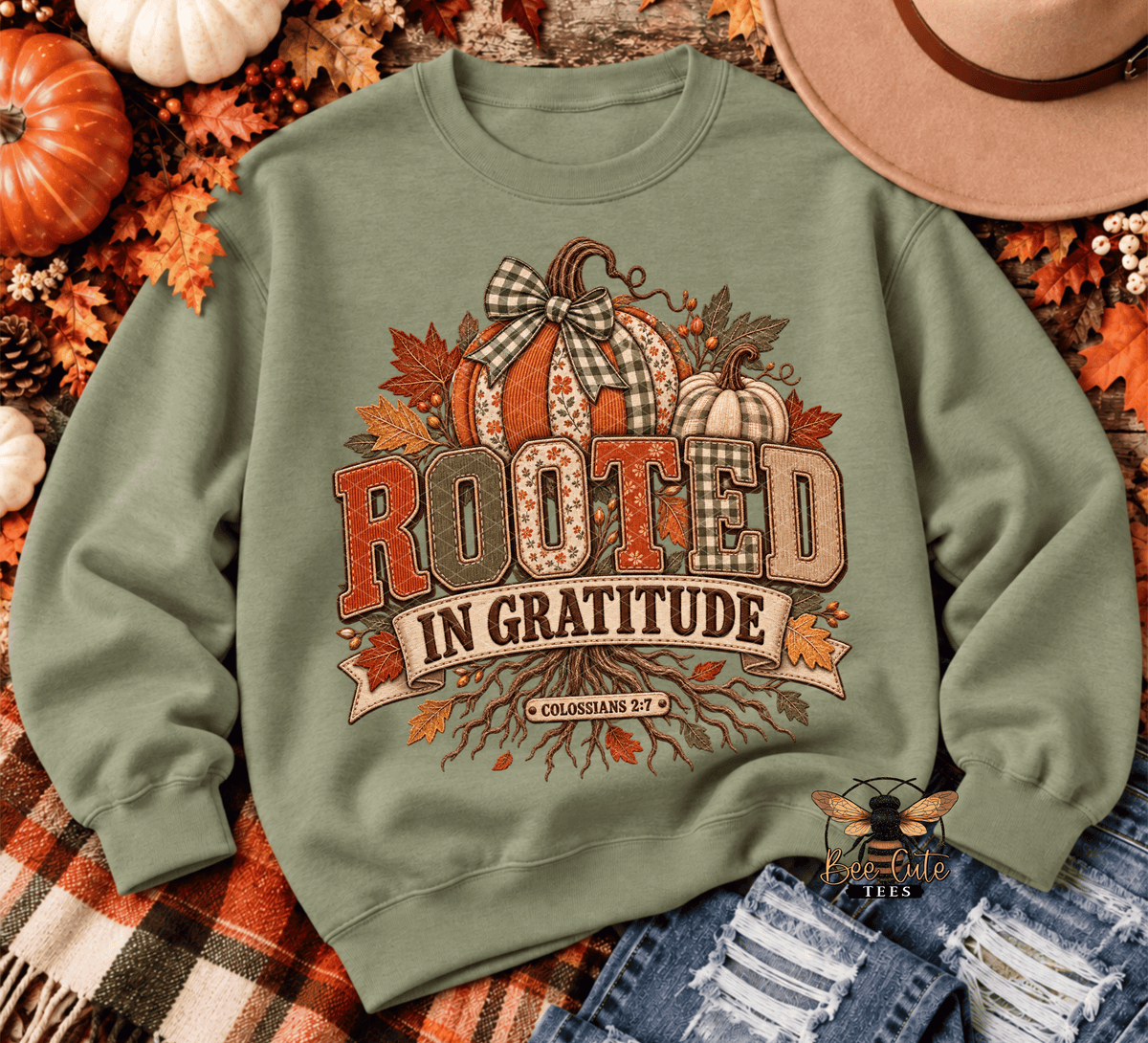 An olive green crewneck sweatshirt with a 'Rooted in Gratitude' autumn graphic, styled in a flat lay with fall leaves, pumpkins, a cowboy hat, and denim jeans.