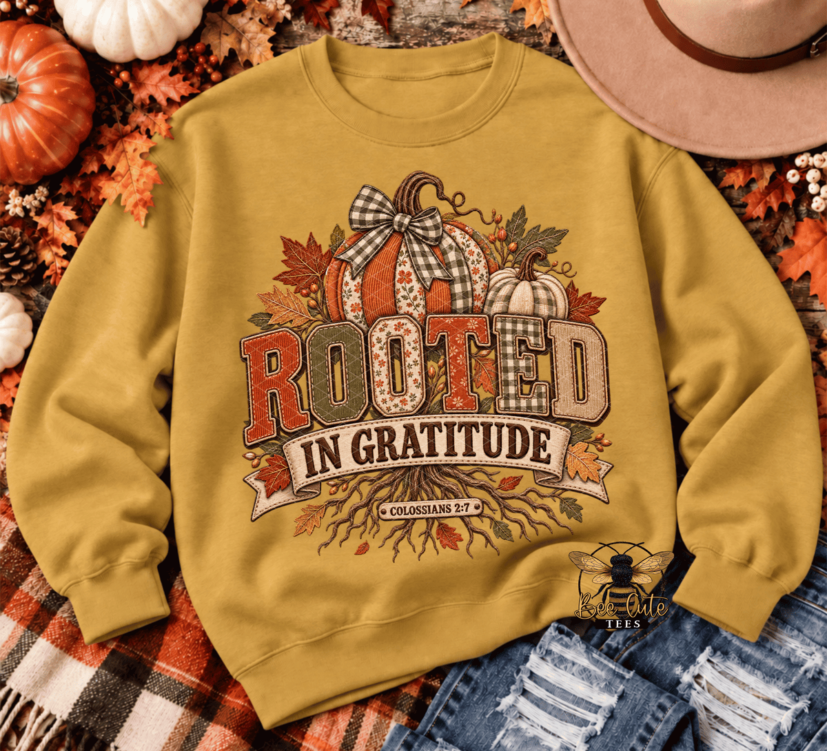 A mustard yellow crewneck sweatshirt with a fall-themed graphic reading 'ROOTED IN GRATITUDE' and 'COLOSSIANS 2:7' beneath pumpkins and autumn leaves. The sweatshirt is styled in a flat lay with jeans, a hat, and pumpkins on a plaid blanket.