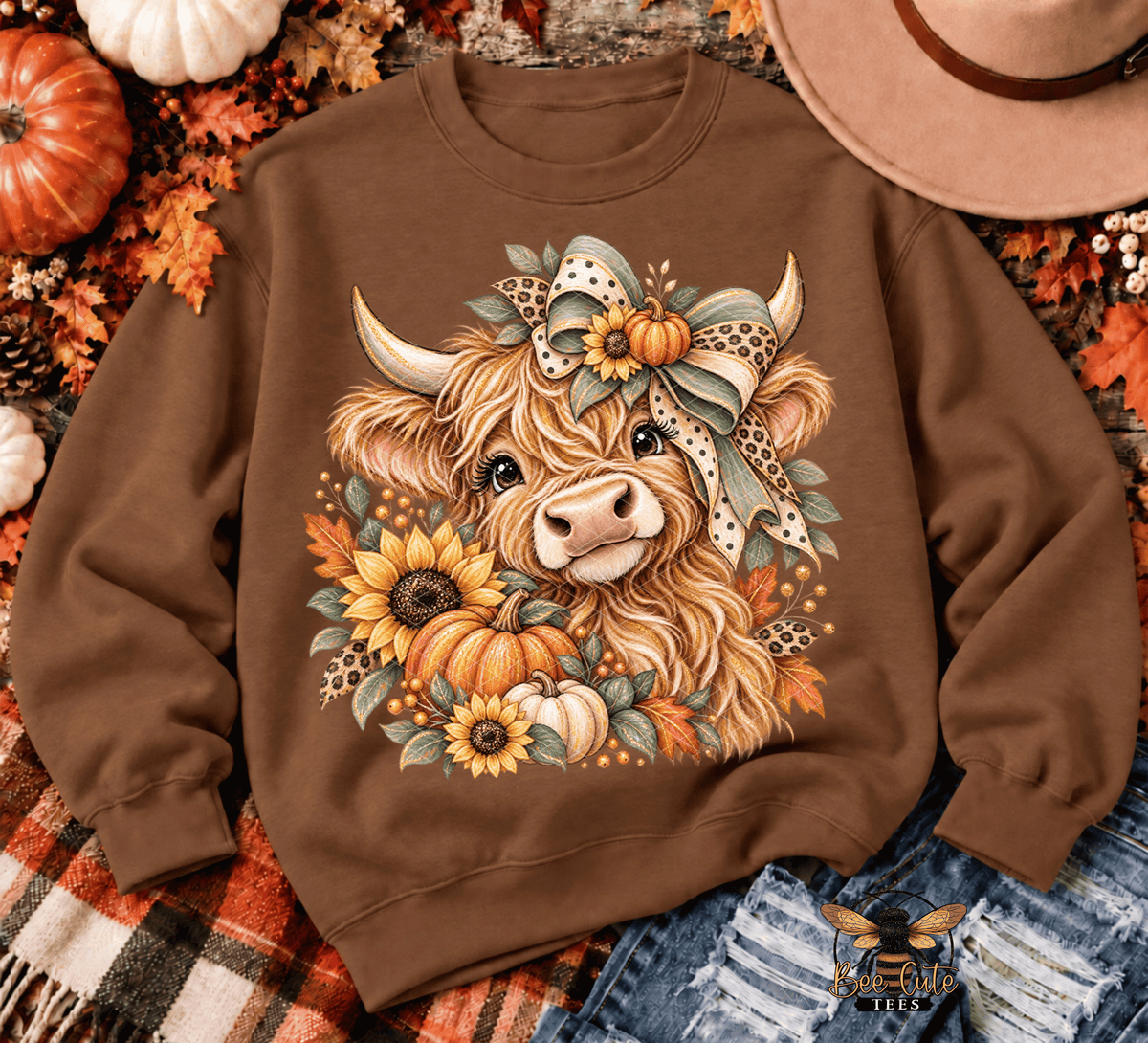 A brown crewneck sweatshirt featuring a detailed graphic of a long-haired Highland cow surrounded by pumpkins, sunflowers, and a bow. The sweatshirt is styled in a flat-lay autumn setting with a plaid blanket, jeans, a hat, and pumpkins.