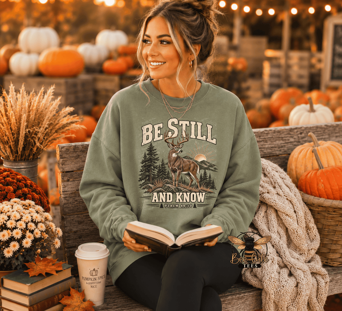 A woman sits on a wooden bench at a fall-themed outdoor market wearing an olive green sweatshirt with a deer graphic and the text 'BE STILL AND KNOW'. She holds an open book, with a coffee cup, a knitted blanket, and pumpkins in the background.