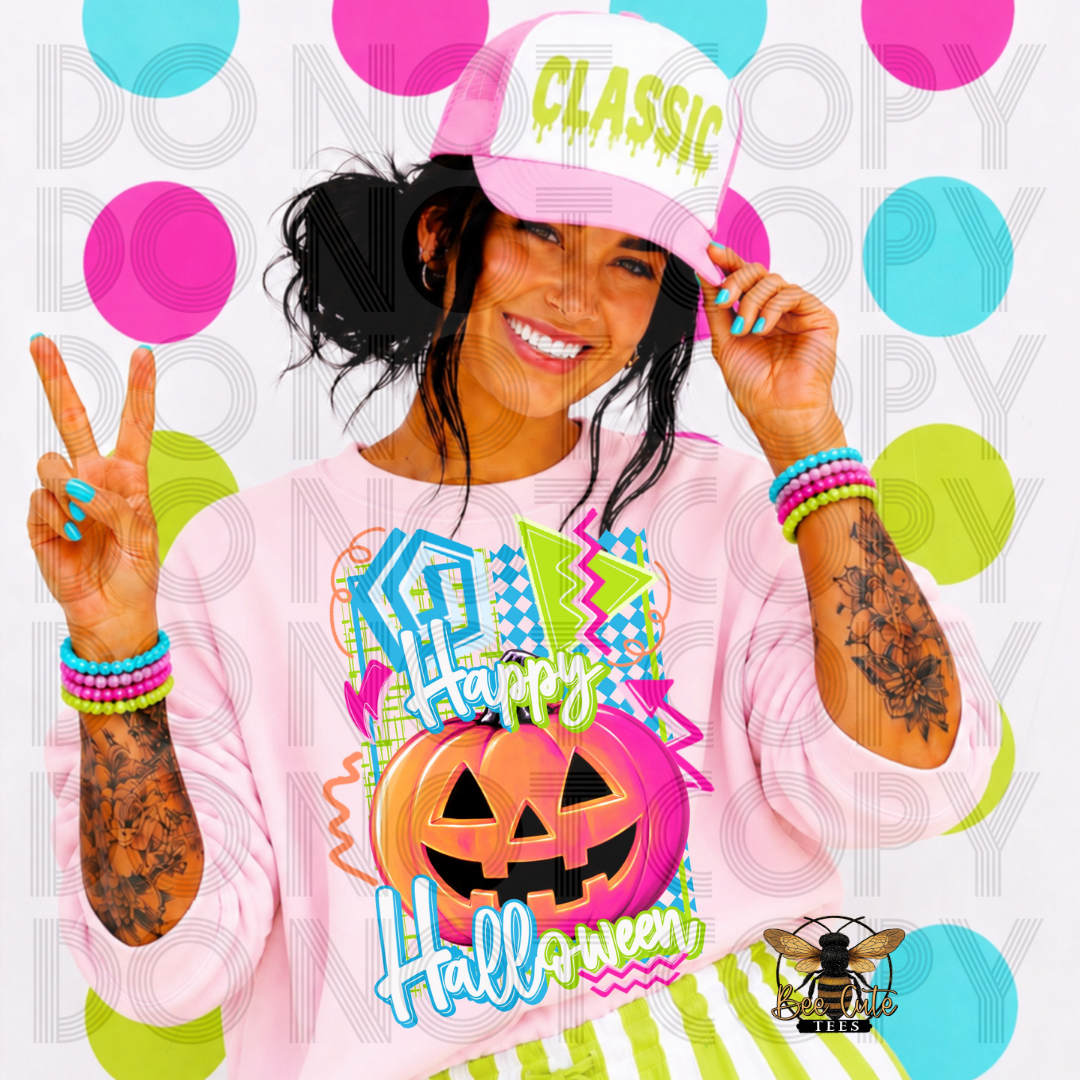 A woman wearing a pink and white trucker hat with 'CLASSIC' in green and a light pink sweatshirt with a colorful 'Happy Halloween' jack-o'-lantern graphic. She is posing with a peace sign against a white background decorated with pink, blue, and green polka dots.