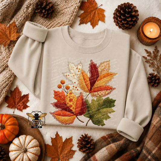 Folded cream crewneck sweatshirt featuring a vintage fall leaf arrangement with intricate faux embroidered patchwork textures, lace edging, and decorative stitched details. Autumn leaves in shades of orange, burgundy, golden yellow, cream, and olive green. Styled with pumpkins, pinecones, a knit blanket, and fall foliage. Bee Cute Tees watermark visible.