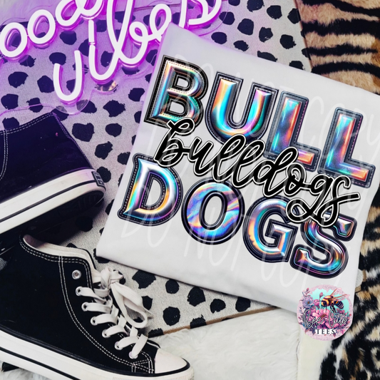 White pouch with 'BULL bulldogs' text on a patterned surface with black high-top sneakers.