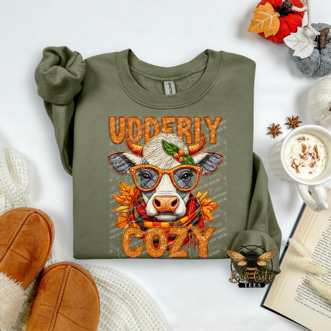 An olive green long-sleeve t-shirt with a 'Udderly Cozy' cow graphic, styled in a cozy flat-lay arrangement with brown slippers, a mug of coffee, an open book, and autumn decorations.
