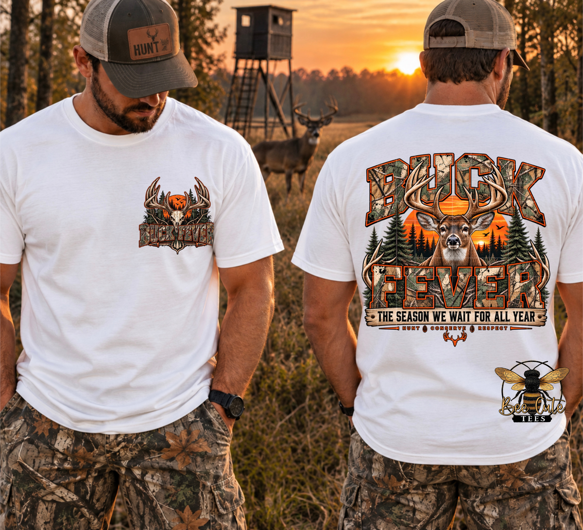 Two men shown outdoors at sunset modeling a white graphic t-shirt, displaying both the front and back designs. The shirt features a deer head with antlers and the words 'BUCK FEVER' on the front, and a large forest-themed graphic with a deer and 'BUCK FEVER' on the back.