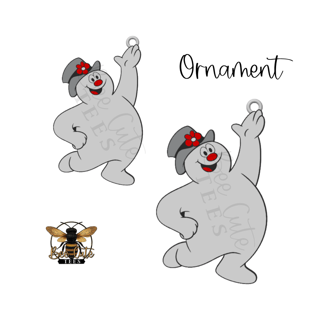 Two snowman-shaped Christmas ornaments shown on a white background, each with a gray body, red nose and flower hat, and a small metal hanging loop. One ornament is shown from the back with the word 'Ornament' beside it, and a bee logo appears in the lower left.