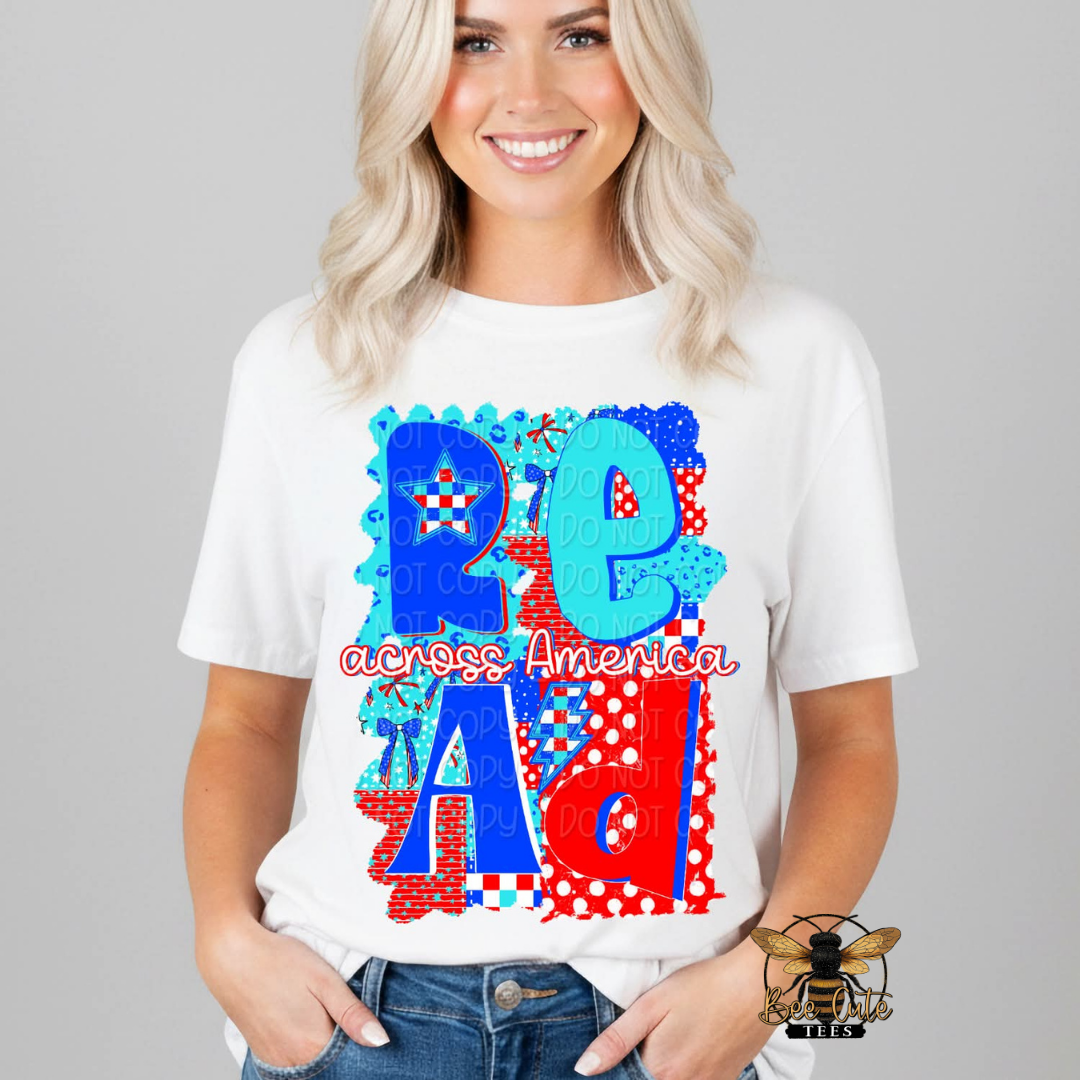 Woman wearing a white t-shirt with colorful text design on a gray background