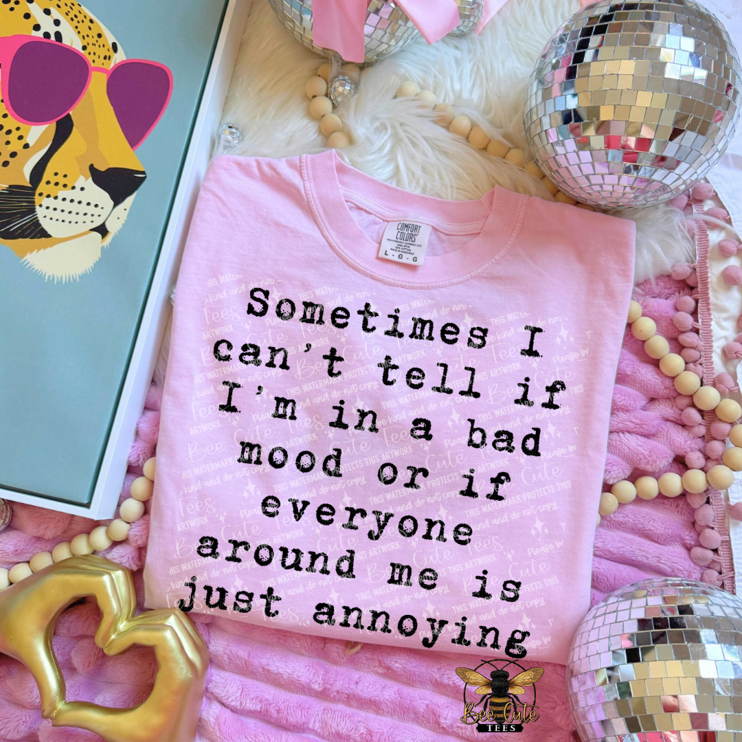 A pink short-sleeve T-shirt with black text reading 'Sometimes I can't tell if I'm in a bad mood or if everyone around me is just annoying,' styled in a flat lay with disco balls, beads, a heart-shaped gold object, and a framed print.