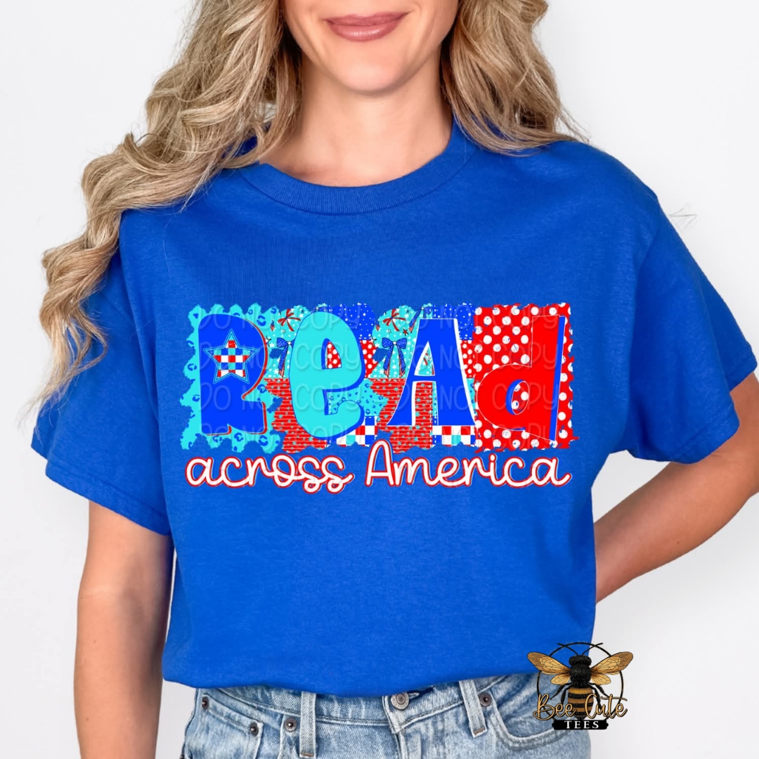 Person wearing a blue 'Read Across America' t-shirt with colorful text design.